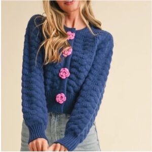 Elegant Blue Cardigan with Pink Floral Details